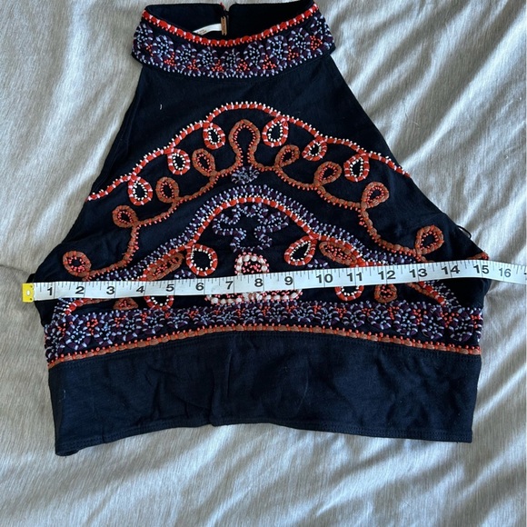 NWT Free People Boho Hippie Black Halter, Tie Back, Embroidered Beaded Crop Top - Picture 9 of 14